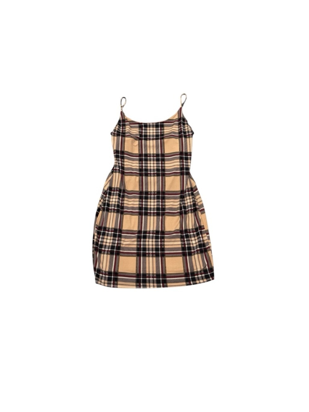 400. Lovely Day Women’s Beige Plaid Spaghetti Strap Dress Y2K Size Large